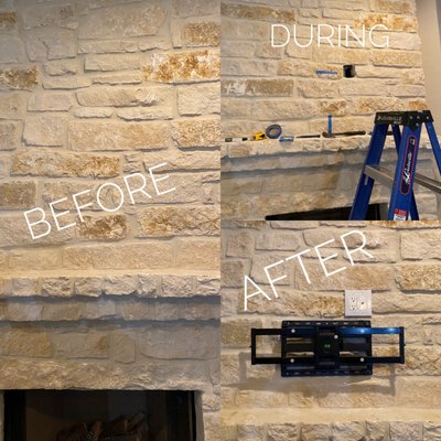 Added a power outlet and cable jack in client's stone fireplace. Installed a mount and TV.