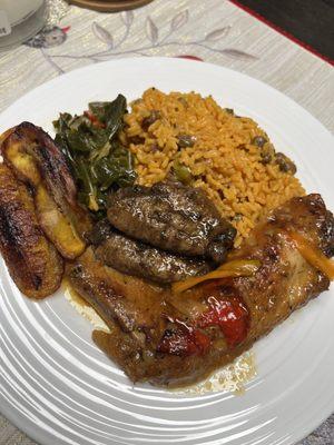 A little southern and Caribbean blend! Baked baby turkey wings, jerk chicken, sweet plantains, collard greens, and arroz con gandules!