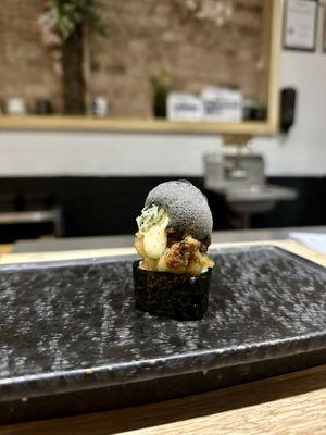 fried oyster and squid ink foam