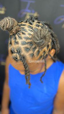 Kids Retwist and style:2strand twist in the back, Bantu knots in the front with bang