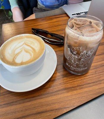 Rose cardamom oat milk latte, iced peppermint mocha