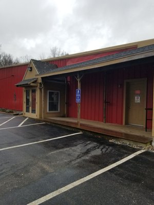 Entrances on two sides. Parking on three sides.