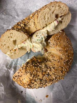 Everything bagel with low-fat vegetable cream cheese