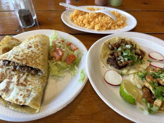 Pastor & Pollo tacos, Quesadilla asada. Side of rice. Fantastic!