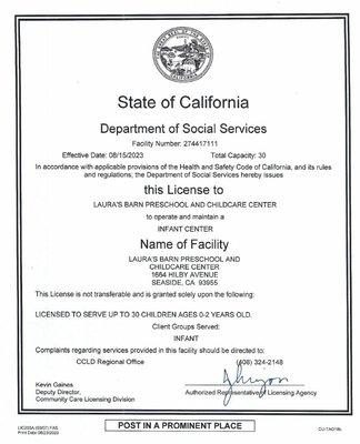 Laura's Barn Preschool And Child Care Center | LB3C State of California License