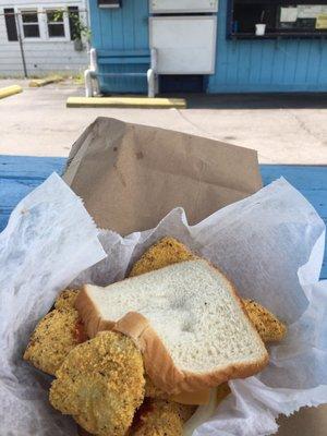 Catfish sandwich with onion, cheese mustard and hot sauce