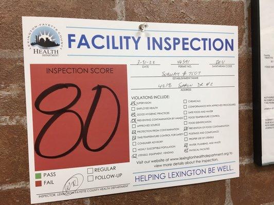 Failed health inspection as of 04/04/23