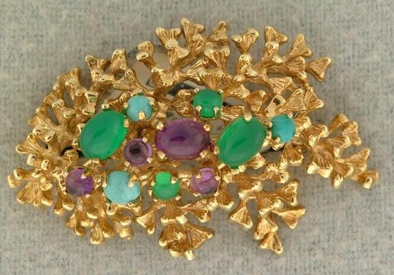 Parsley Brooch.  14ky amethyst, dyed green onyx, turquoise.