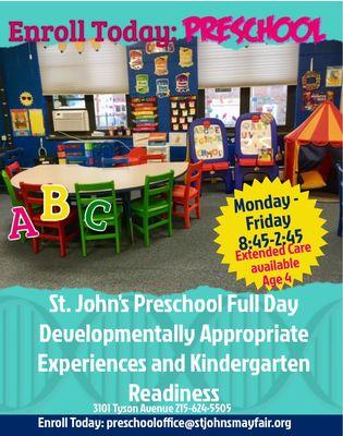 PreK4 Full Time - 3 or 5 Days 8:45-2:45. Extended Care Available