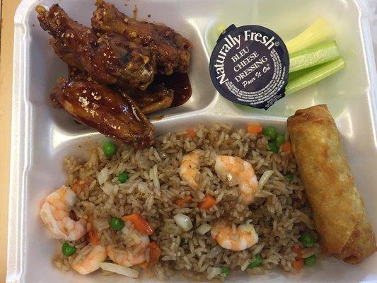 5pc braised wings with small shrimp fried rice and an extra egg roll