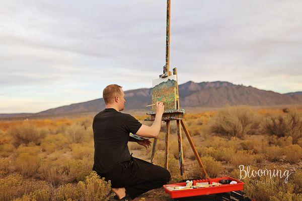 Sandia Mountains and Dr. Pridham painting