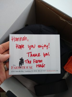 Handwritten thank you note, included in my box!