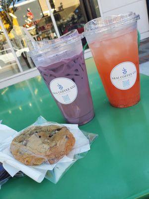 Ube latte and refresher with cookies