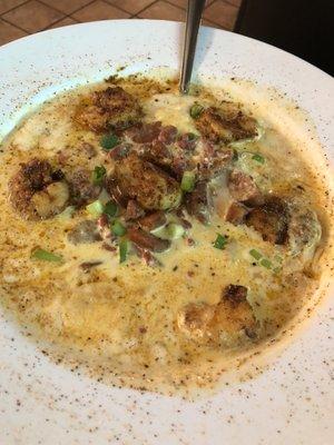 RUNNY shrimp & grits with IMITATION bacon bits.