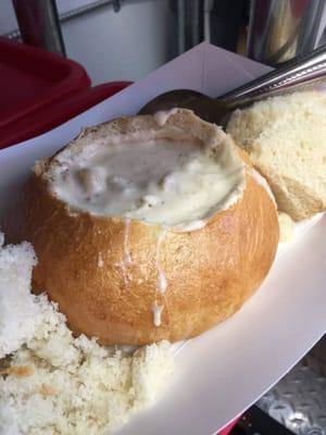 Our delicious homemade clam chowder in a sourdough bread bowl!