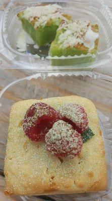 Pandan Coconut Butter Mochi ($6) and Calamansi Yuzu Cake Cube ($10, 7/17/22)