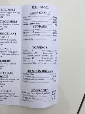 Ice cream menu