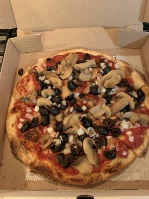 I don't eat any diary products!   Small Pizza, topped with Black Olives, Onions, and Mushrooms.