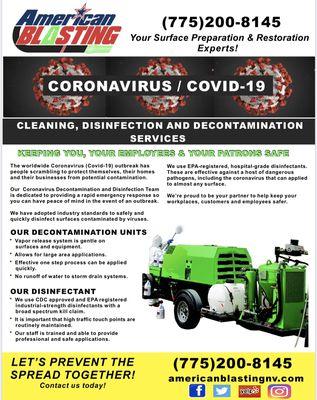 We now offer disinfection & decontamination services.  Contact us today for more info!