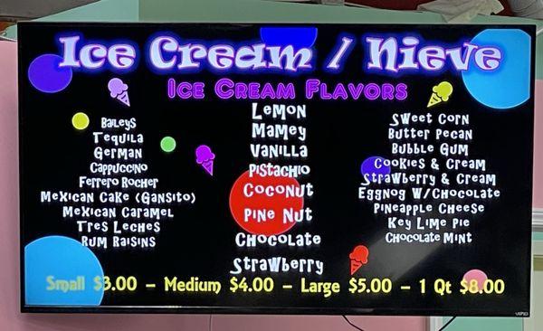 Ice cream flavors menu.