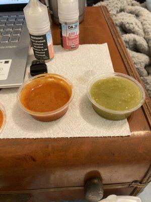 Salsas. I asked for tomatillo and the awesome chef recommended I try the red too.