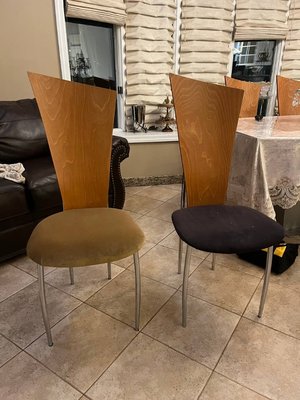 Before and after reupholstering this dining room chair in velvet.