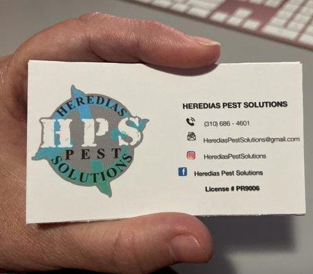 Business card for HEREDIAS PEST SOLUTIONS.