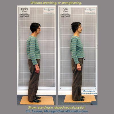 This is what happens when the brain and the body connect with new awareness. Shown standing in relaxed neutral stance.