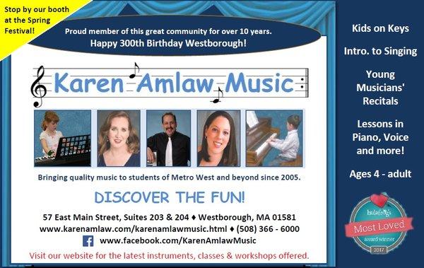 Stop by and visit Karen Amlaw Music's booth at this year's Spring Festival Family Fun Day at Lake Chauncy on June 10th from 11 AM - 4:30 PM.