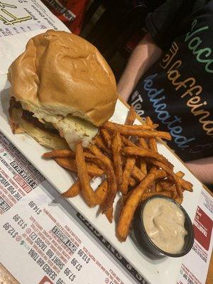 Perfectly cooked chicken sammy with crispy baked potato fries.