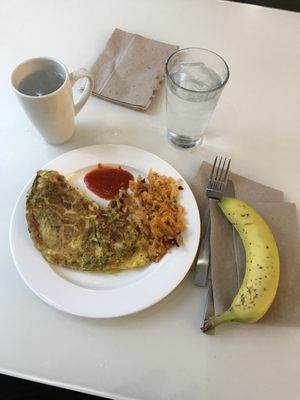 Omelette, potatoes, & banana