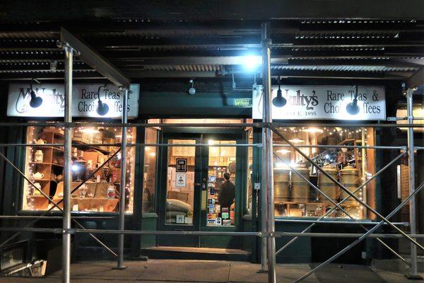 McNulty's Rare Teas and Coffees on Christopher Street under scaffolding on December 17, 2021. An essential part of New York City ...