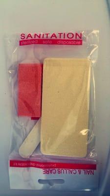 One time use sanitation pedicure packs include disposable file, buffer, and pumice stone. Disposed after every client.