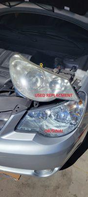 Comparison of the used headlight assembly replacement and the original one the car