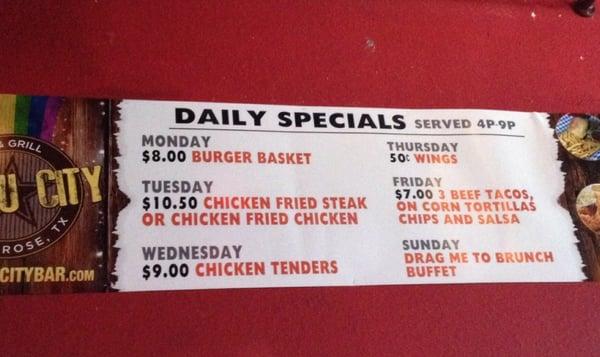 Daily special Menu: According to bartender Fabian, Thursday is the busiest - 50 cents wing.