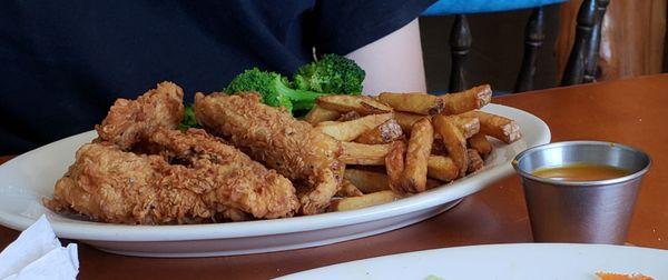 Chicken Fingers, broccoli, and hand cut fries.