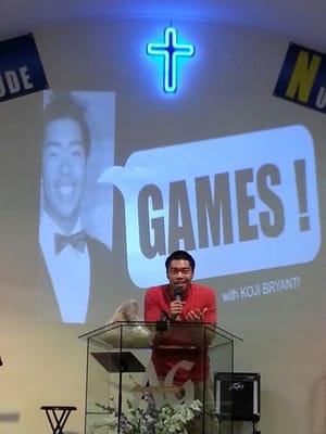 Koji, one of the youth members administering games during youth service (5.3.13)