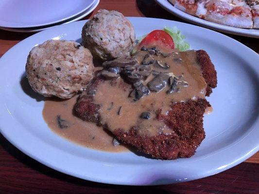 Jaegerschnitzel with bread dumplings. Tasty!