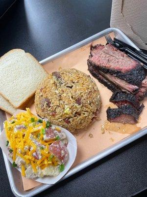 Loaded potato salad, brisket and BBQ Fried Rice