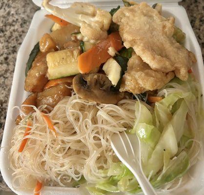 2 combo B: mushroom chickens ( left) & tempeh fish fillets (right) $11.39.  Two pieces fish. All veggies.