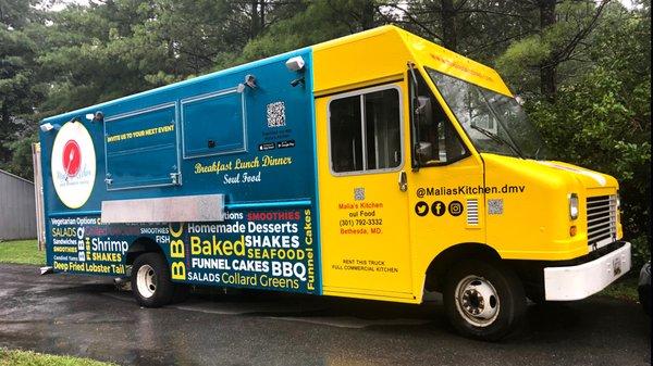 Food truck full wrapping. Using solid color (yellow and teal) for background and printed information is the best way to save money.