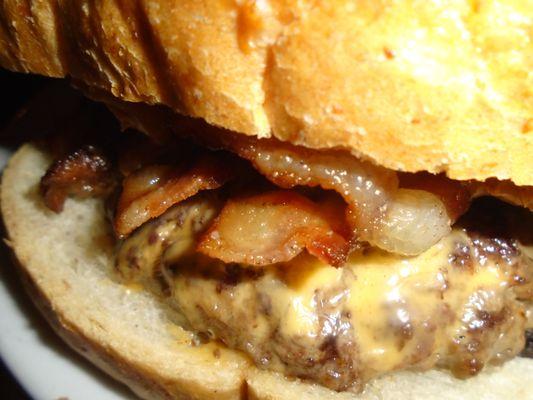 Bacon peanut butter burger, close-up.