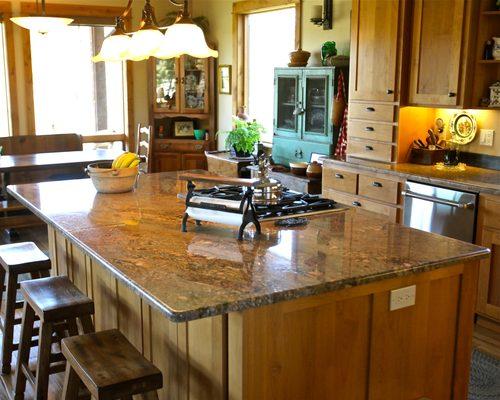 Golden Bordeaux granite kitchen countertops.