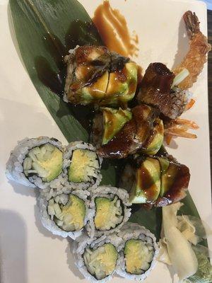 Left: black dragon roll Right: avocado cucumber roll