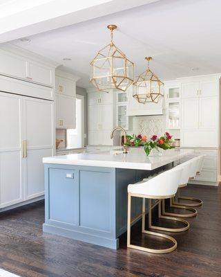 Kitchen Remodel with blue island and gold accents