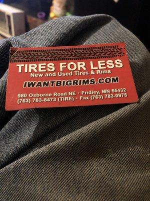 Tires for Less business card