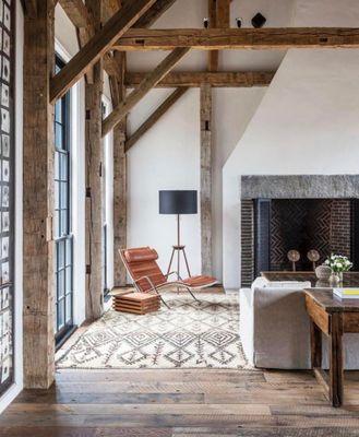 Stunning interior featuring a unique vintage Moroccan Beni Ouarain carpet in this upstate New York home.