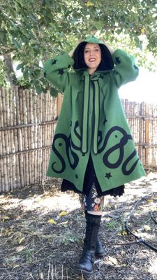 Custom wool coat made from a vintage wool blanket with hand cut and sewn appliqué.