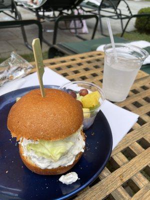 Chicken salad (but really chicken and mayonnaise with a leaf of lettuce )