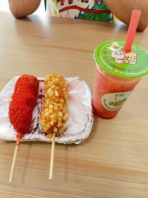 Hot Cheeto corndog/ Potato corndog / strawberry slush